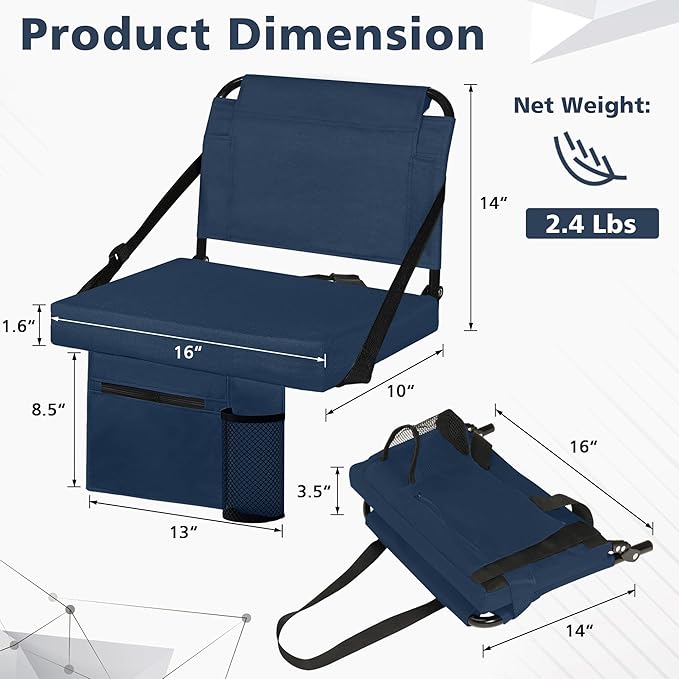 Stadium Seats for Bleachers 2 Pack w/Back Support Bleacher Seat Soft Cushion Light Weight with Shoulder Strap & Cup Holder, Front & Back Zipper Pocket, Suitable for Sports Events,Navy