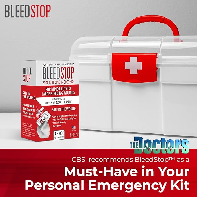 BleedStop™ 応急処置止血パウダー、外傷キット、血液凝固阻止剤服用者、キャンプの安全、中程度から重度の出血創傷または鼻血用サバイバル用品 – 4袋入り (15g)