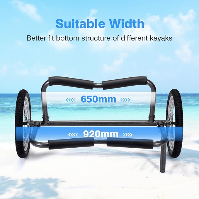 Kayak Beach Cart, SUP Cart,Width Adjustable Universal Canoe Dolly Heavy Duty Kayak Trolley with 16" Wheels, Sturdy 300 LBS Weight Capacity