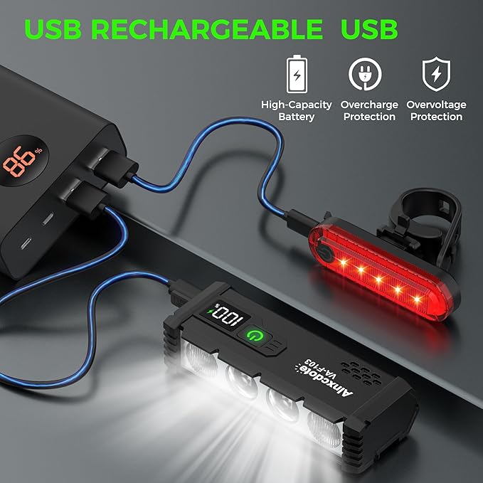 Super Bright Bike Lights for Night Riding 4800 Lumen, USB Rechargeable LED Bicycle Light with LCD Dispaly, NO Guess Power, High Power Waterproof Bike Headlight Front and Rear for Mountain Road Cycling