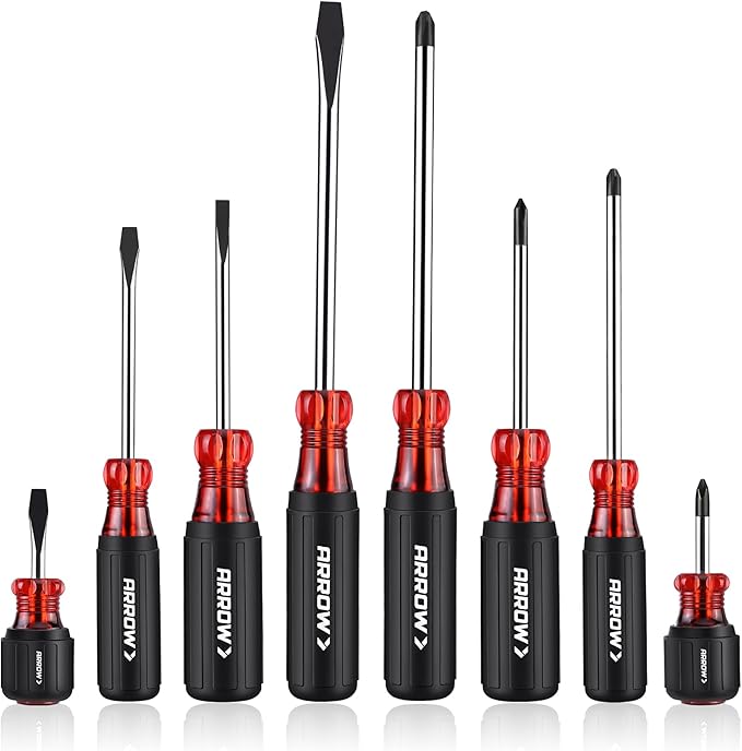ARROW 8 PCS Magnetic Screwdriver Set, Professional S2 Steel Screw Driver Kit with Non-Slip Grip, Stubby Screwdrivers, Magnetic Phillips and Flathead Tips, for Home and Industrial Use