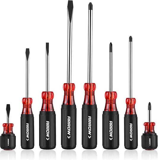 ARROW 8 PCS Magnetic Screwdriver Set, Professional S2 Steel Screw Driver Kit with Non-Slip Grip, Stubby Screwdrivers, Magnetic Phillips and Flathead Tips, for Home and Industrial Use