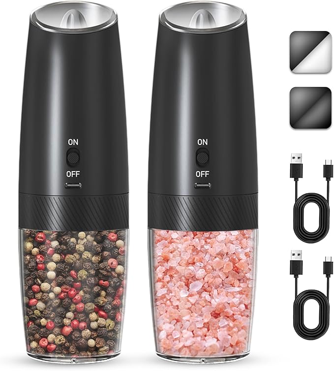 Rechargeable Salt And Pepper Grinder Set, Gravity Electric Salt And Pepper Grinder Set Electric, Salt And Pepper Shakers Set Electric, Adjustable Coarseness, LED Light, (Black+Black)