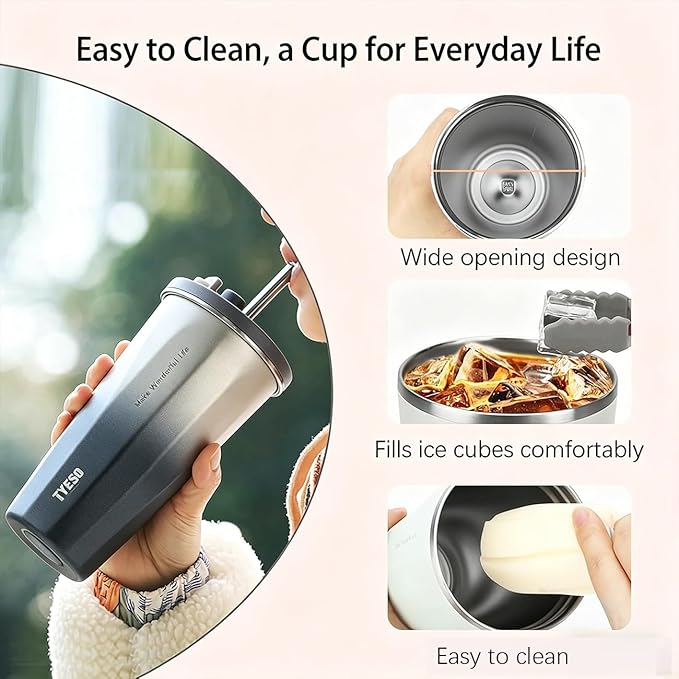 TYESO Stainless Steel Coffee Bottle, 20oz Wide Mouth Travel Coffee Cup with Straw, Vacuum Insulated Stainless Steel Tumbler, Hot & Cold Thermal Mug for Home Office Outdoor, Sliver