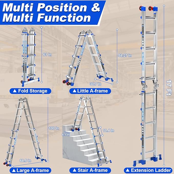 Telescoping A-Frame Ladder- 17FT Folding Extension Ladder with Wheels & Stabilizer Bar, 330lb Security Load Multi Position Ladders for Stairs Home Indoor Outdoor Roof