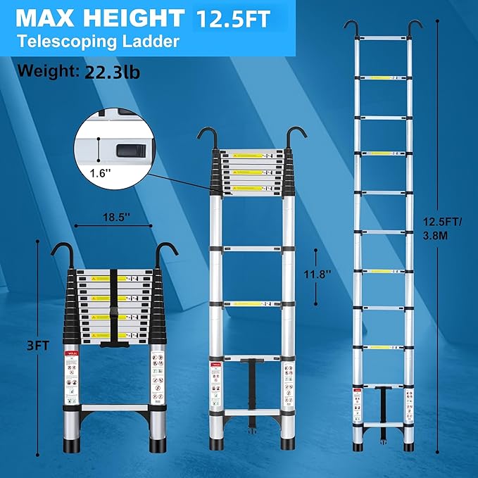 12.5 ft Aluminum Telescoping Ladder, 330 lb Load, Hooks, Portable Collapsible Ladder for Home & Work,Silver