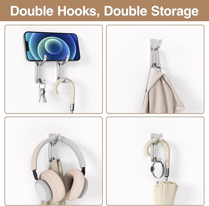 pickpiff Adhesive Wall Coat Hooks - Heavy Duty Stick-On Door Hanger, Metal Hook for Hanging Towel,Purse, Robe, Backpack, Jacket, Clothes - for Bathroom,Dorm, Closet, Kitchen - Silver, 10 Pack