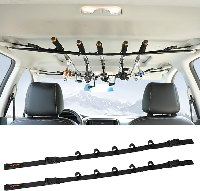 2 Pack Vehicle Fishing Rod Holder - Fishing Pole Car Rack 5 Rods Capacity, Adjustable 30 to 54 Inches Horizontal Roof Storage Carrier Belt for SUV, Truck and Van, Black