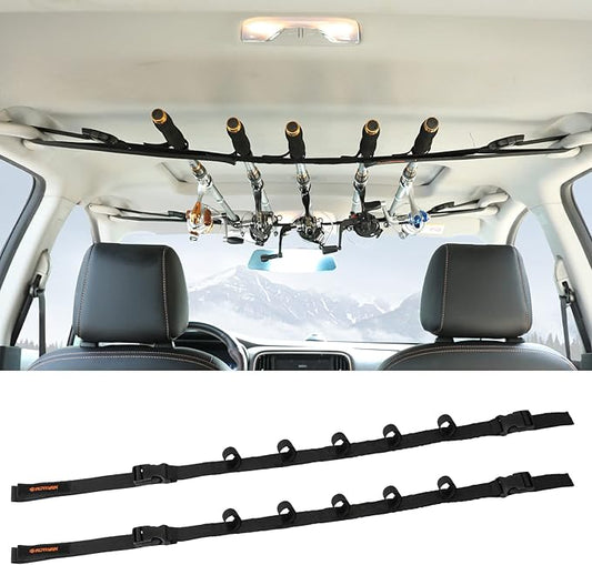 2 Pack Vehicle Fishing Rod Holder - Fishing Pole Car Rack 5 Rods Capacity, Adjustable 30 to 54 Inches Horizontal Roof Storage Carrier Belt for SUV, Truck and Van, Black