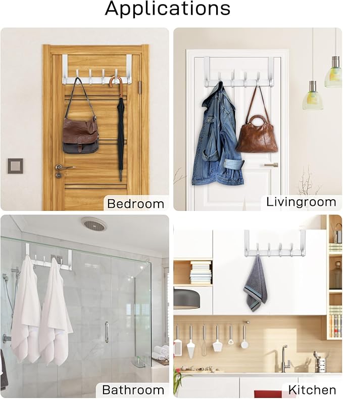 Over The Door Hooks, Door Hanger Hooks for Hanging, Over The Doors Towel Racks for Bathroom with 10 Coat Hook, 2 Pack, Silver, Fit 1-3/4" Doors