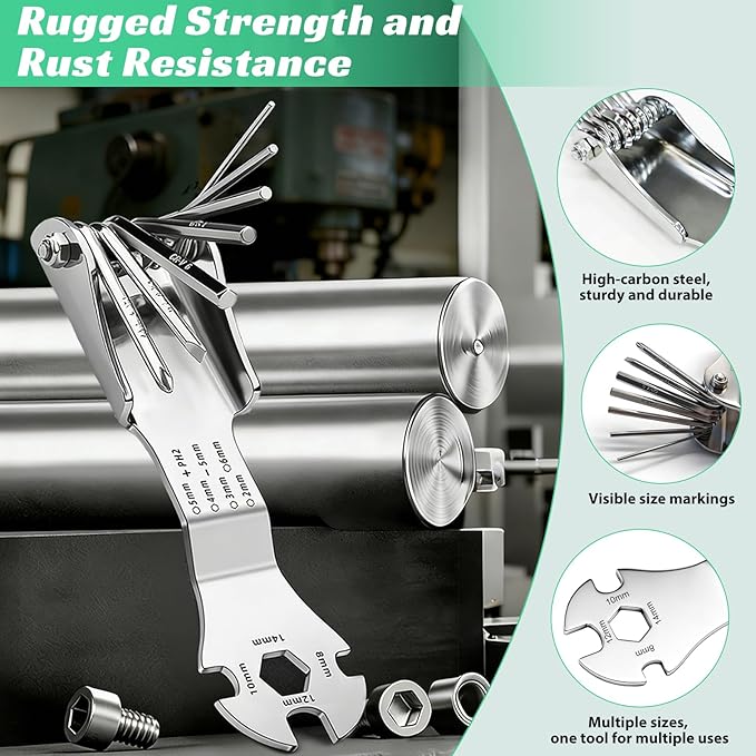 Folding Allen Wrench Set, Heavy Duty CR-V Steel Hex Key Multi-Tool, Double-Hinge Portable Wrench with Ergonomic Grip for Automotive, Bike Repair & DIY Home Improvement