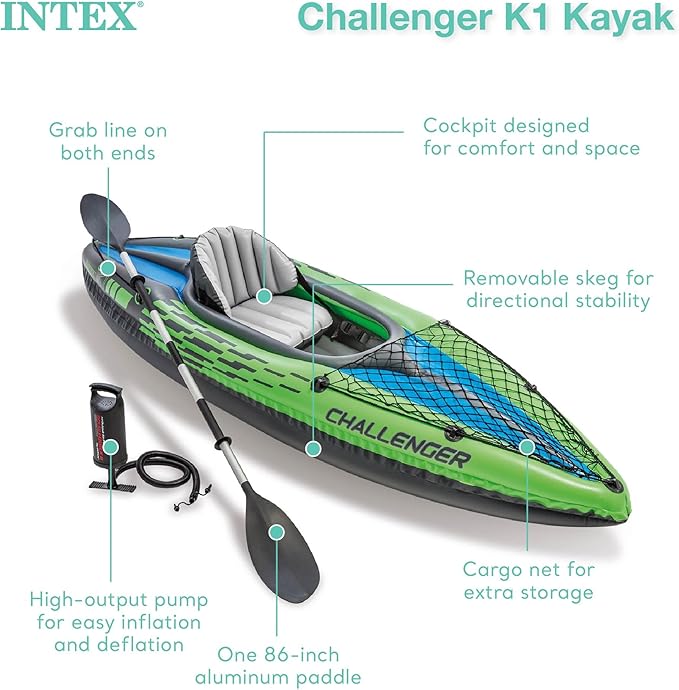 Intex Challenger K1 1 Person Durable Vinyl Streamline Sporty Kayak with Inflatable Seat and Backrest, Oar, Pump, Carrying Bag, and Repair Kit (2 Pack)