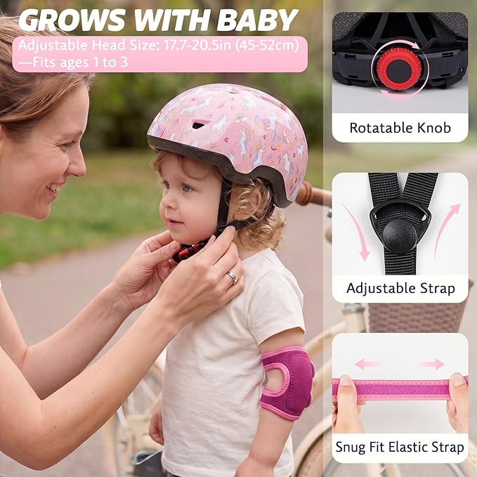 Toddler Helmet with Knee Pads and Elbow Pads Set for Kids Age 1-3, Adjustable Infant Baby Bike Helmet for Girls Boys for Balance Bike, Scooter, Bicycle
