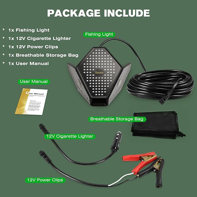 Goldlife 12V Foldable Underwater Fishing Light with 50FT Cable, 400W 40000LM Brightness Green LED Submersible Light Attractants for Docks/Boats/Kayaks, IP69K Rated for Fresh & Salt Water