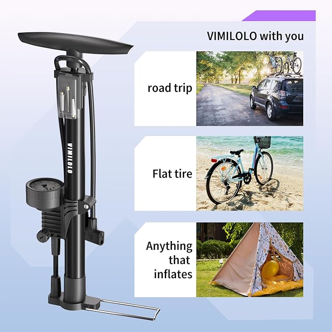 Bike Floor Pump, Bicycle Pump with Dual Presta & Schrader Valve Head, High Pressure Bicycle Tire Inflator, Portable Hand Air Pump for Road & Mountain Bikes, Strollers and Balls