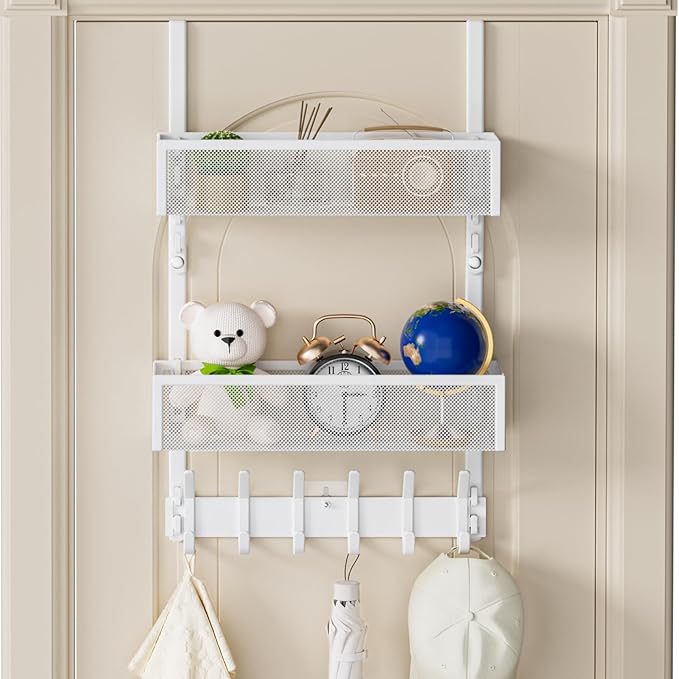 Over The Door Hooks Organizer, Over Door Storage with 12 Coat Hooks and 2 Mesh Basket, Bathroom Door Organizer Towel Rack Back of Door Hanger Organizer for Bedroom, Kitchen(White)