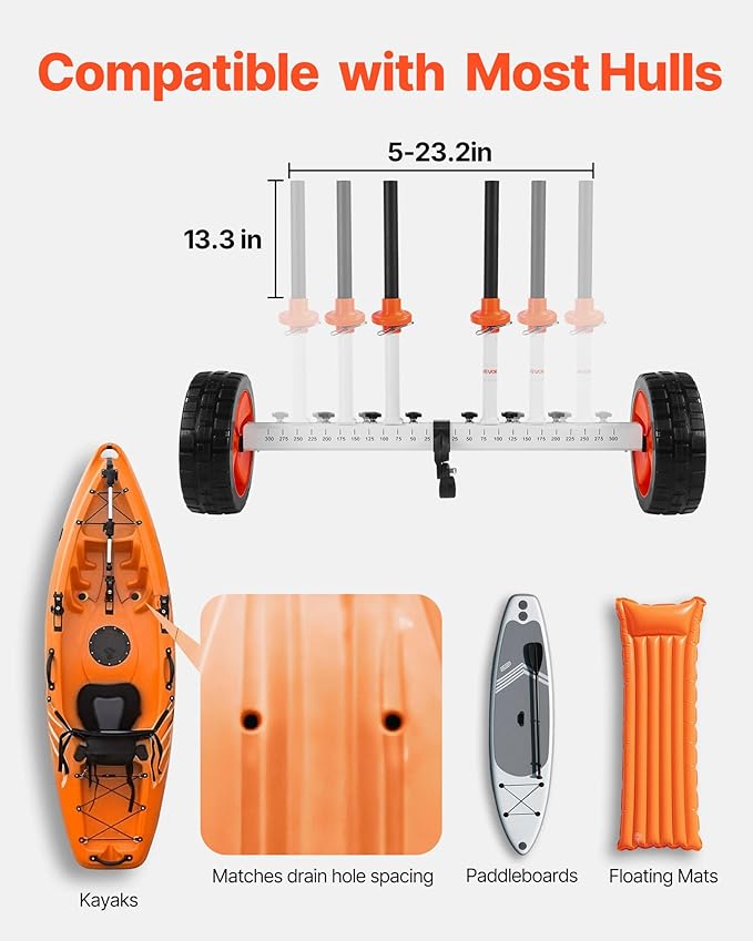 VEVOR Kayak Cart, 230/250lbs Canoe Cart Dolly with 7.5in/10in Solid Rubber Tires & Kickstand, Adjustable Width, Detachable Portable Watercraft Cart for Kayaks, Canoes, Paddle Boards