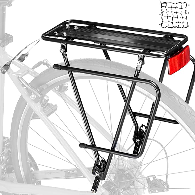 Rear Bike Rack,Bike Cargo Rack,Bicycle Pannier Rack with Reflector and Cargo Net,Height Adjustable Fit 26”-29” and 700c Bike with Non-disc Brake,BCR04