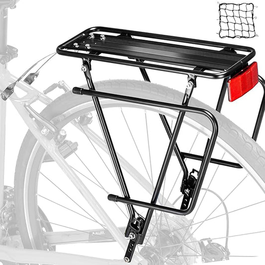 Rear Bike Rack,Bike Cargo Rack,Bicycle Pannier Rack with Reflector and Cargo Net,Height Adjustable Fit 26”-29” and 700c Bike with Non-disc Brake,BCR04