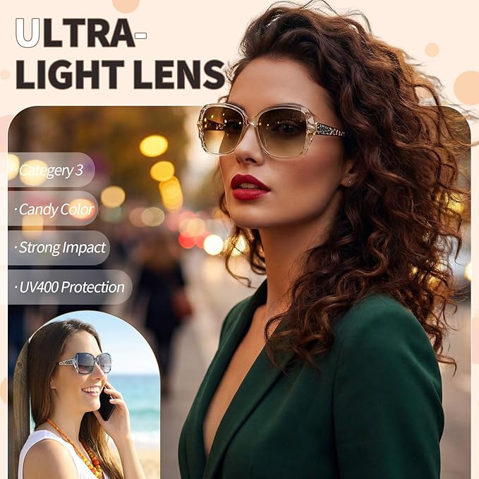 DragonflyDreams 4 Pcs Women Large Sunglasses, UV 400 Glasses Oversized Classic Trend Ladies Sunglasses Sparkling Large Frame
