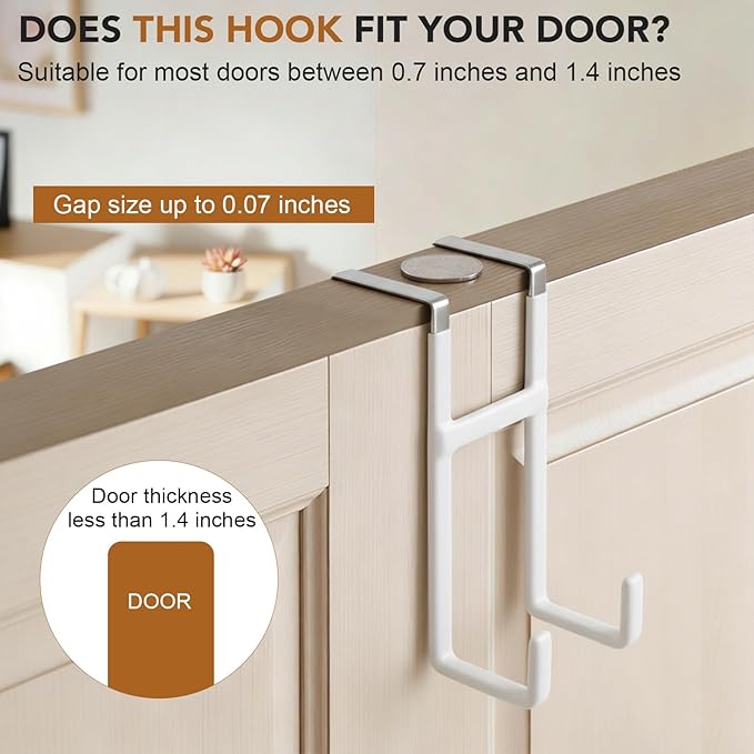 Over Door Hook, 2 Pack Over Door Hanger with Dual Hook Heavy Duty Metal Hanger with Non Slip Rubber Over The Door Organizer Hanger for Hanging Clothes Towels Hats Bags（White）