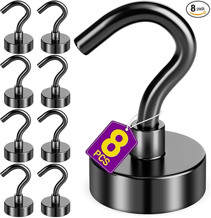 8 Pack Black Magnetic Hooks, 30 LB Neodymium Magnetic Hooks for Cruise Cabins, Strong Magnets with Hooks for Classroom, Mugs, Camper, Office, Kitchen, Metal Hooks for Cruise Ship Walls