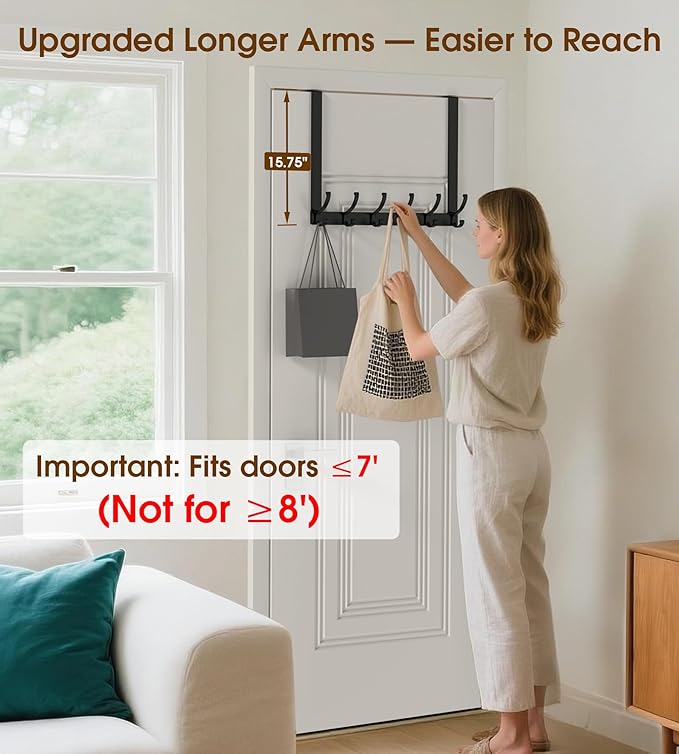 KitchLife Long Over The Door Hooks Hanger with 15.75 inches Extended Arms, Fits 1 3/8" Doors, F40U, 6 Double-Hanger Design Thickened Heavy Duty Bathroom Towel Rack Organization, Matte Black, 1 Pack