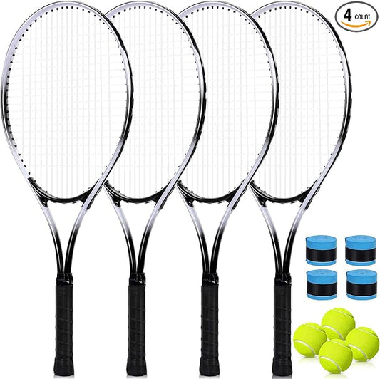 4 Pack Tennis Rackets for Adults Recreational 4 Players Pre Strung 27 Inch Tennis Racquets Lightweight Rackets Bulk with Balls Overgrips for Training