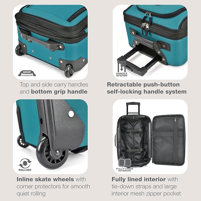 U.S. Traveler Rio 軽量ソフトサイド機内持ち込み用スーツケース、2輪セット、ティール