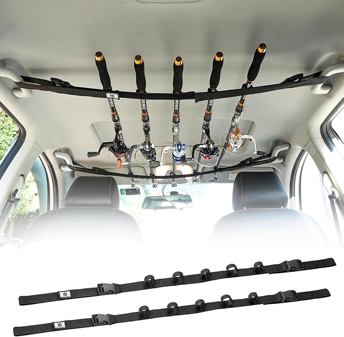 Vehicle Fishing Rod Holder, Car Fishing Pole Roof Rack Inside, 5 Rod Capacity, Heavy Duty Adjustable 30-54 Inch, Fishing Rod Carrier Fishing Pole Storage Straps for Truck Car SUV Wagons Van