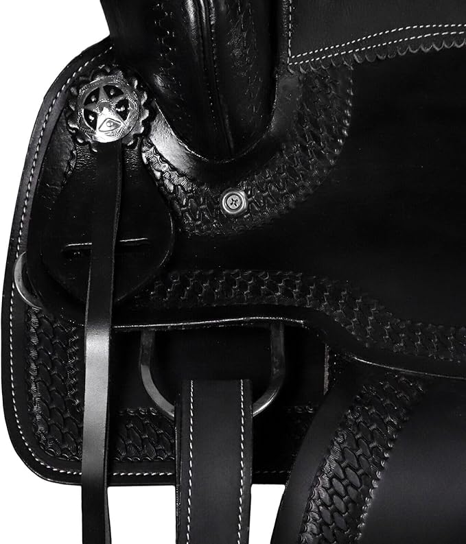 Barrel Brown Western Horse Trail Saddle Set Leather Horse Saddle with Headstall, Breast Collar Combo Rodeo Cowboy Riding Equestrian Comfortable Ride Black Saddle Tack Set