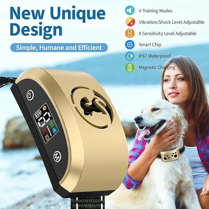 Dog Bark Collar for Medium Large Dogs, Automatic Bark Device with Rechargeable Barking Collar with 8 Adjustable Sensitivity, 4 Training Modes Adjustable Anti Barking for Large Dogs 15-120lbs, Gold
