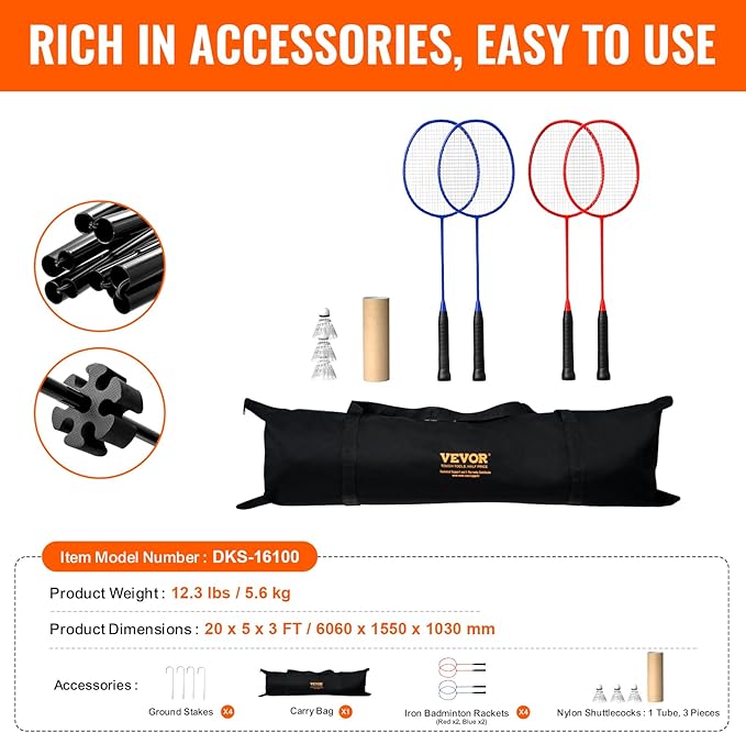 VEVOR Badminton Net, Height Adjustable Volleyball Net, Wide Foldable Pickleball Net, Portable Easy Setup Tennis Net Set with Poles, Stand and Carry Bag, for Kids Backyard Game Indoor Outdoor Use