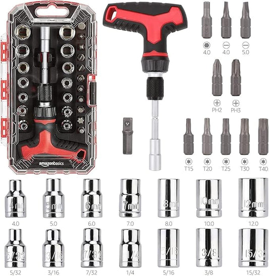 Amazon Basics 27-Piece Magnetic T-Handle Ratchet Wrench and Screwdriver Set with Bits and Sockets, Storage Case for Household Repair