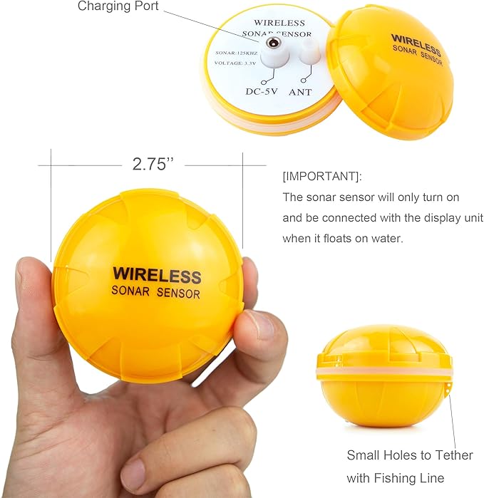 Portable Rechargeable Fish Finder Wireless Sonar Sensor Fishfinder Depth Locator with Fish Size, Bottom Contour, Color LCD Display