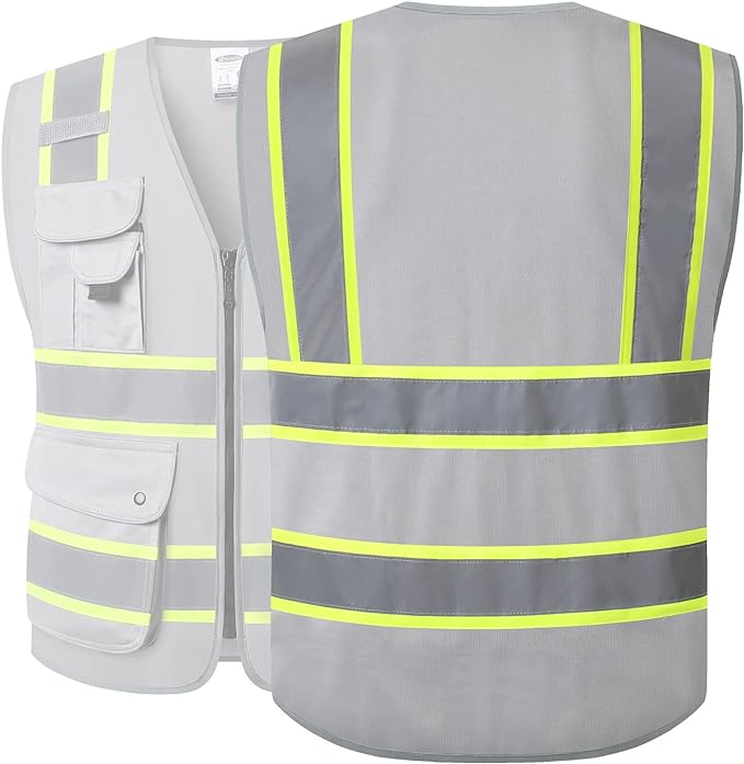 JKSafety 9 Pockets Hi-Vis Fluorescent Color Zipper Front Safety Vest with Neon Color Extended Yellow Trims for Men and Women Work Safety Utility (901-Grey 5XL)