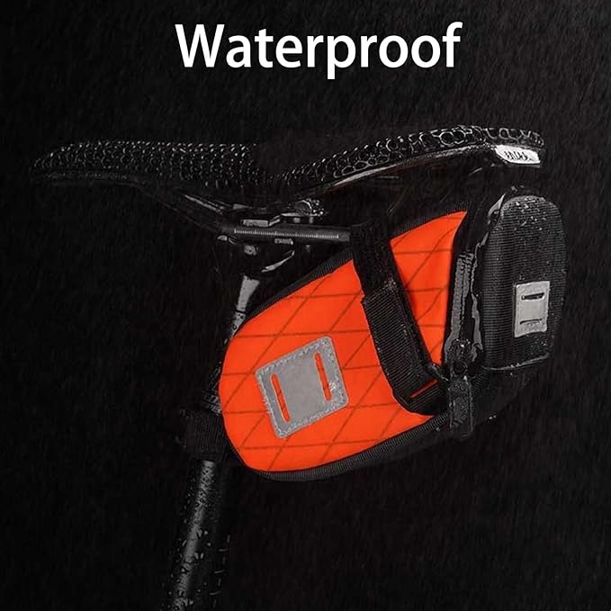 ENLEE Bike Seat Bag, Reflective Bike Saddle Bag with Taillight Hangers, Waterproof Orange Bicycle Bag Under Seat with Independent Item Partitions for Mountain/Road/Gravel Bikes, Small Size