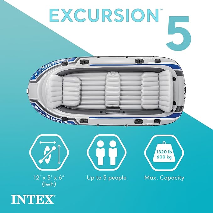 INTEX 68325EP エクスカーション5 インフレータブルボートセット：デラックス54インチボートオールと高出力ポンプ付属 - 背もたれ付き調節可能シート - 釣り竿ホルダー - 5人用 - 耐荷重1320ポンド