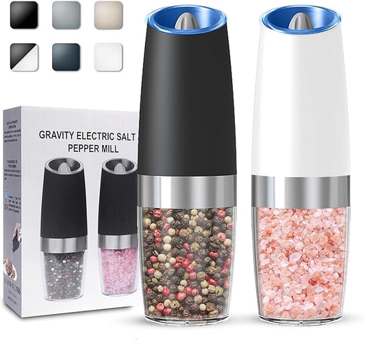 Gravity Electric Salt and Pepper Grinder set of 2, Automatic Salt And Pepper Grinder Set, Adjustable Roughness, Battery Powered, LED Light, 2 Pack, (Black&White)