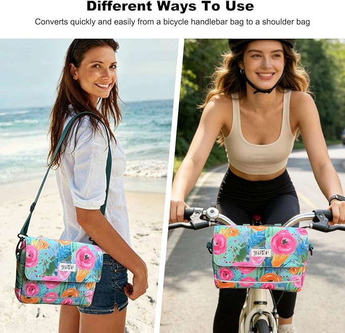 Bike Handlebar Bag, 2.9L Waterproof Bicycle Front Basket Bag with Reflective Strip, Convertible Shoulder Bag for Women, Floral Bike Pouch for Cycling Commuting Outdoor (Green Floral)