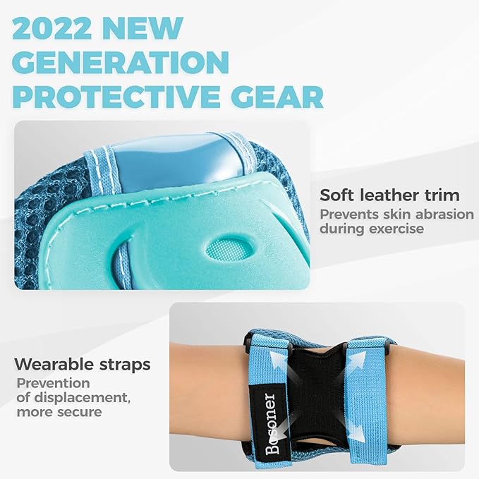 BOSONER Knee Pads for Kids Roller-Skating: Adjustable Protective Gear Set Knee Elbow Pads Wrist Guards for Bike Cycling Skateboarding Scooter Gifts 3-8 / 9-15 Years Boys Girls