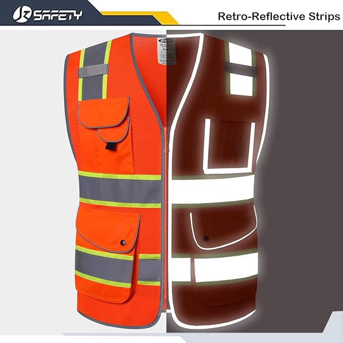 JKSafety 9 Pockets Hi-Vis Reflective Safety Vest | Mesh Fabric | Fluorescent Orange Color with Neon Yellow Extended Trims | ANSI/ISEA Compliance (100-Orange, 5XL)