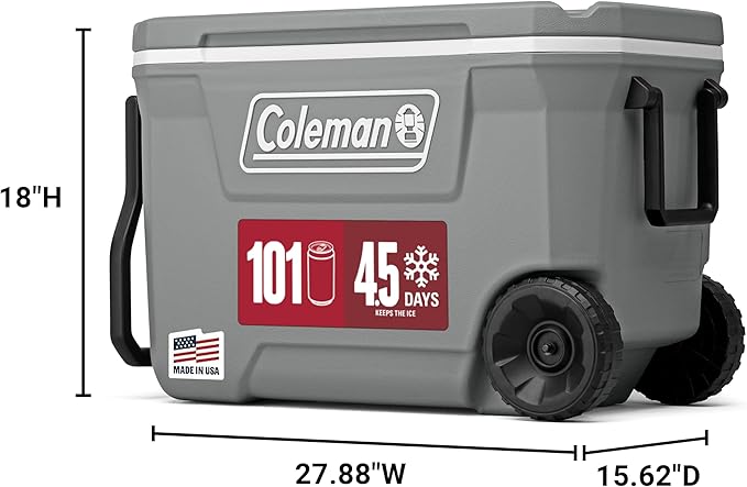 Coleman Classic Series Insulated Portable Rolling Cooler with Wheels, Leak-Resistant Outdoor Hard Cooler Keeps Ice up to 5 Days, 62-Quart