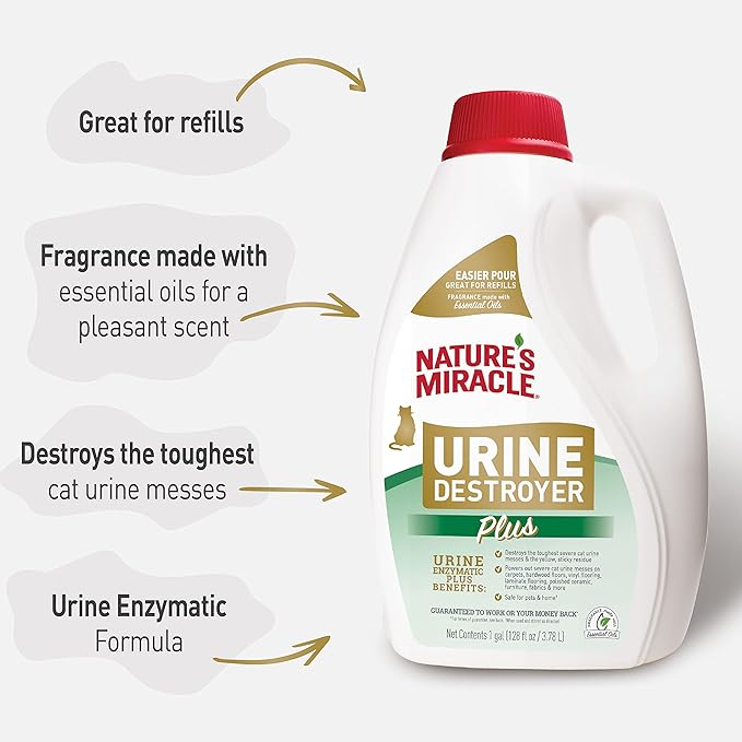 Nature’s Miracle Urine Destroyer Plus for Cats, Enzymatic Formula Tough on Strong Cat Urine And The Yellow Sticky Residue, 1 Gal