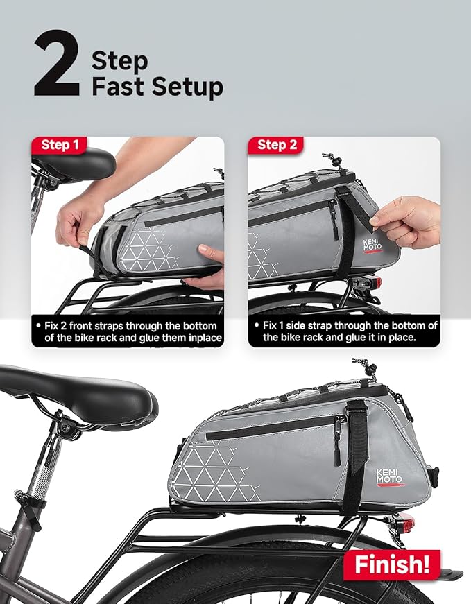 KEMIMOTO Rear Bike Rack Bag, 8L Full Reflective PVC Water Resistant Bicycle Trunk for Road and Mountain Bikes, Ebike Rack Bag with Side Pockets for Cycling Travel Commute