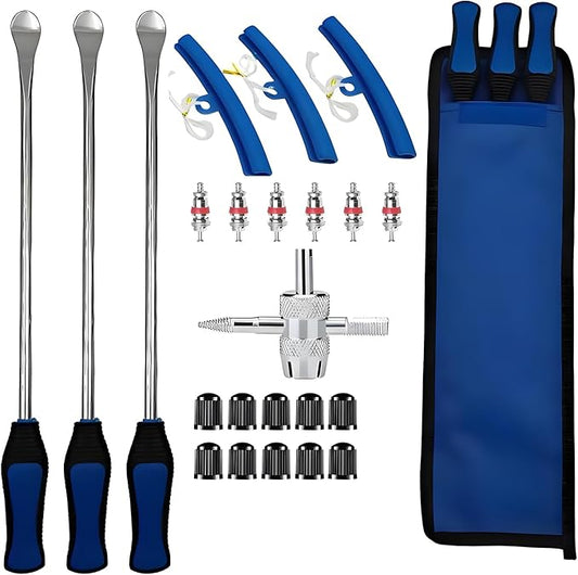 PINKJOY 11.5" Tire Spoon Kit, 24pcs Tire Changing Tool for Motorcycle Dirt Bike Lawn Tractor Bicycle, Motorcycle Tire Changer Tire Removal Tool with 3pcs Rim Covers 6pcs Valve Tool Valve Cores