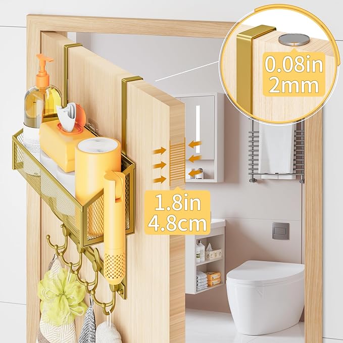 Over The Door Hooks Organizer, Coat Rack Over The Door Storage Hanger Towel Rack, Back of Door Storage Organizer for Bathroom,Bedroom,Kitchen,Office (Gold, 2-Tier)
