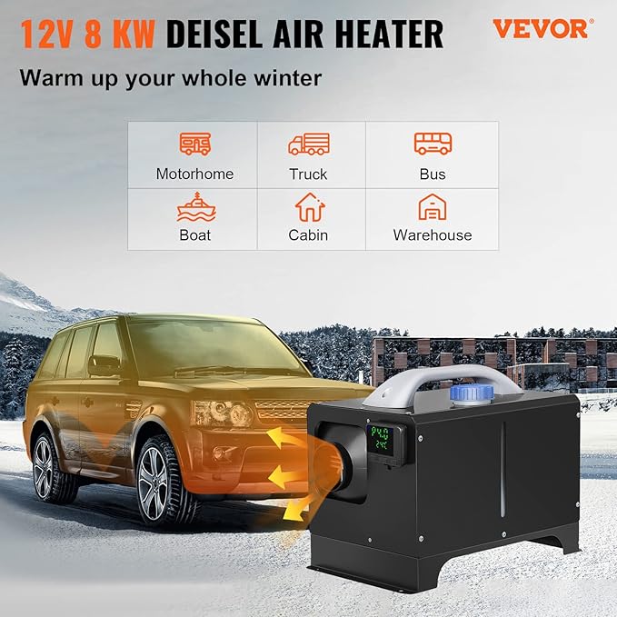 VEVOR ディーゼルヒーター 12V リモートコントロールとLCDディスプレイ付きオールインワンディーゼルエアヒーター 5L燃料タンク 急速加熱 ポータブルディーゼルパーキングヒーター RV トラック用 8KW ベーシック ブラック