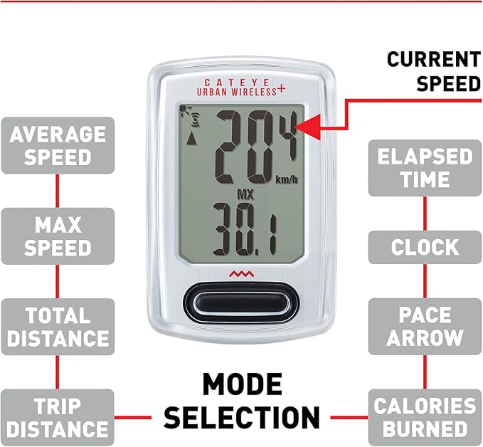 CATEYE Urban Wireless+ Bike Computer – Wireless Speedometer with Backlight, Calorie Tracking, FlexTight™ Mount, Auto Start/Stop, 1 Year Battery Life, for Road, MTB, Gravel Cycling