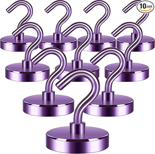 Neosmuk Magnetic Hooks, Heavy Duty 130lb+ Strong Magnet Hook for Cruise Cabins, Cruise Ship Essentials for Hanging, Metal Wall Refrigerator Hangers (Purple, 10 Pack)